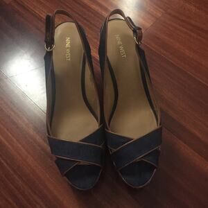 Nine West Navy blue peep toe sling back wedge sandals-Sz 11